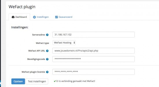 WeFact WooCommerce instellingen - dashboard
