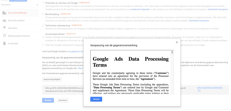 Amendement Verwerkersovereenkomst Google Analytics