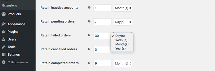 Instellingen retentie WooCommerce